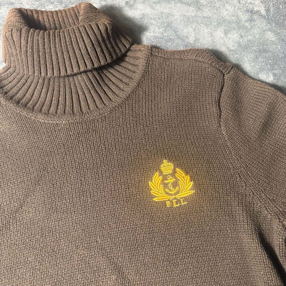 Ralph Lauren Women's Brown Turtleneck Sweater with Nautical Anchor Crest Logo